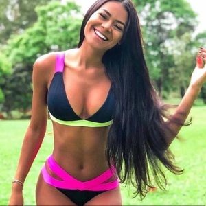 NWOT Black & Neon Color Block Bikini